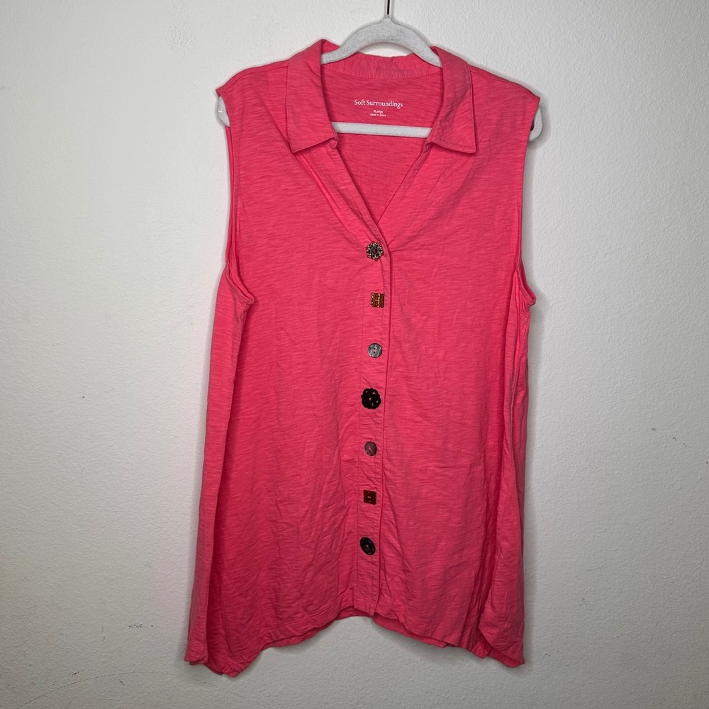 Soft Surroundings Pink Slub Knit Sleeveless Tunic Mismatched Button Top XL Artsy